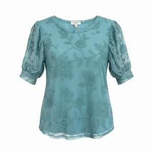 Kim & Cami Embroidered Mesh Floral Blouse Teal Puff Sleeve Top Size Large